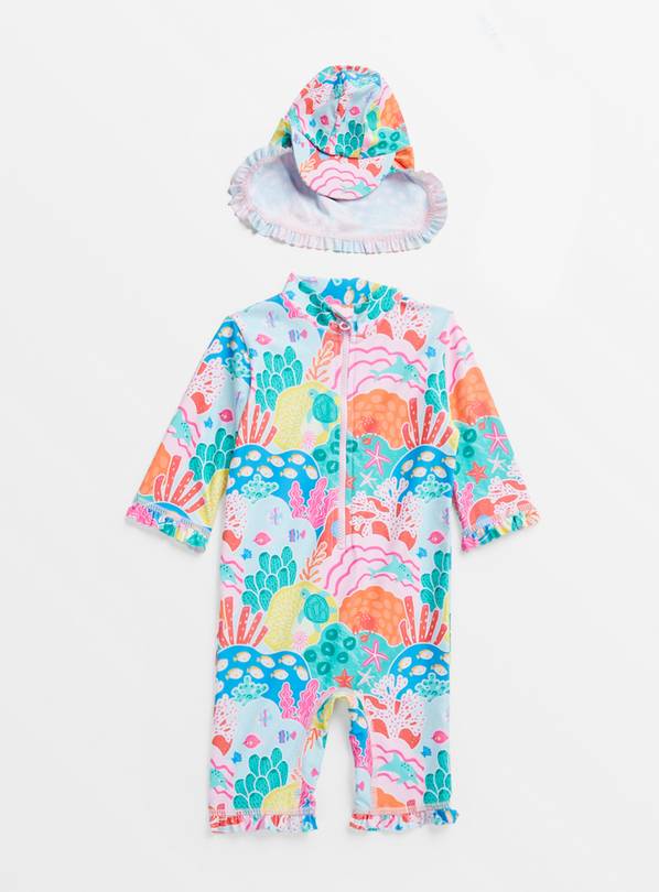 Coral Print Sunsuit & Hat Up to 3 mths